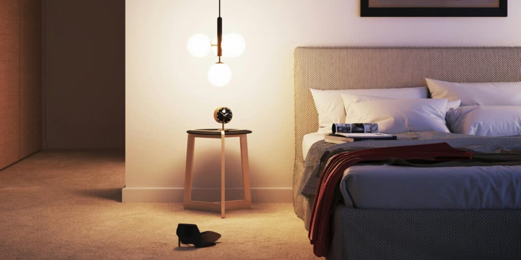 Smart home interior with dimmed lighting settling for the night